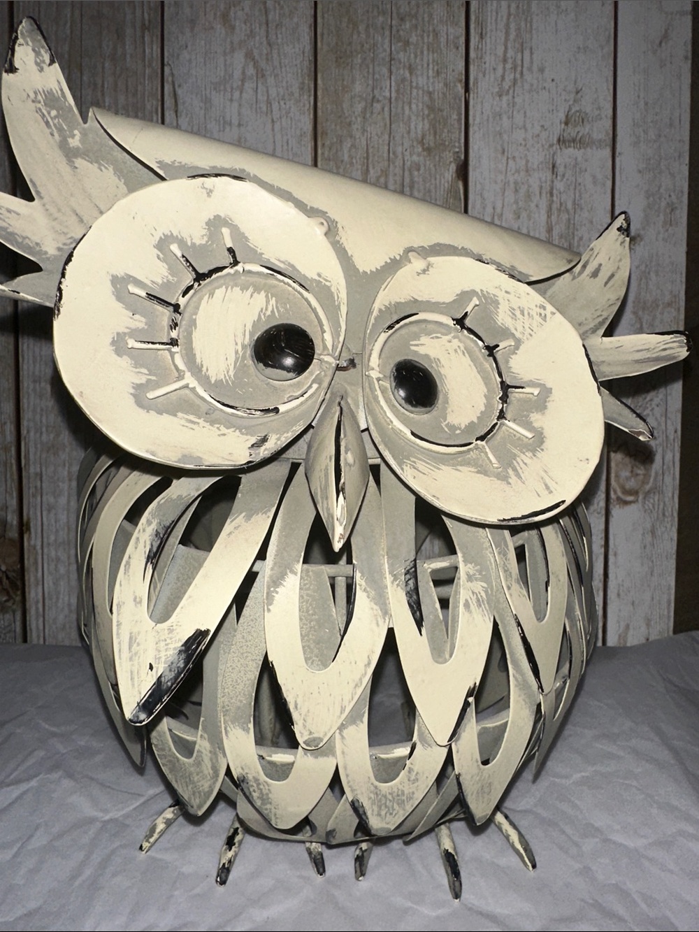 Rustic Cream Metal Owl Sculpture Decorative Accent